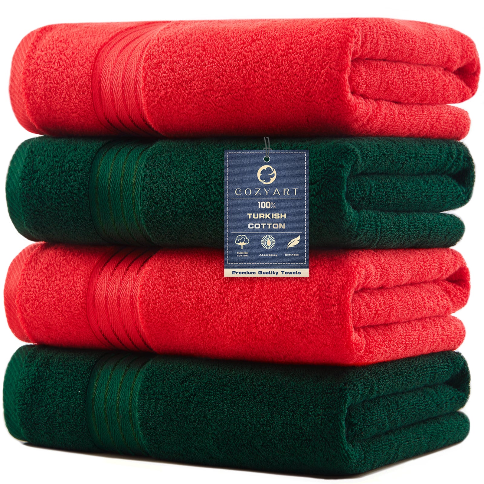 Red+dark Green 4 Piece Luxury Bath Towels