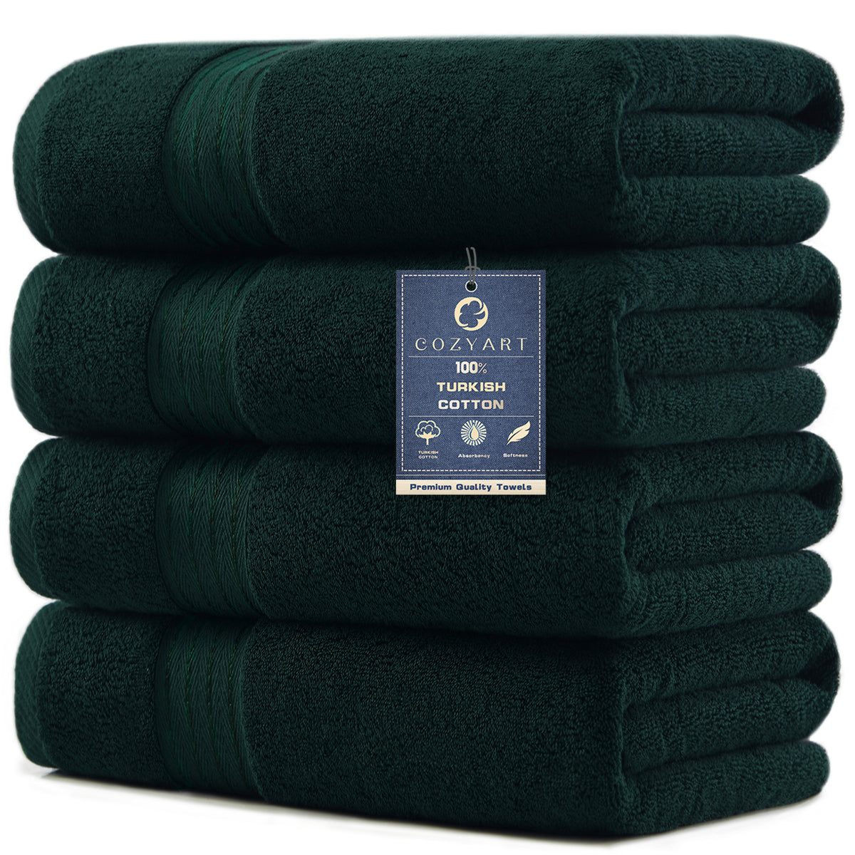 COZYART Luxury Bath Towels 4 PCS, 27x54 650 GSM Turkish Cotton, Deep Forest Green