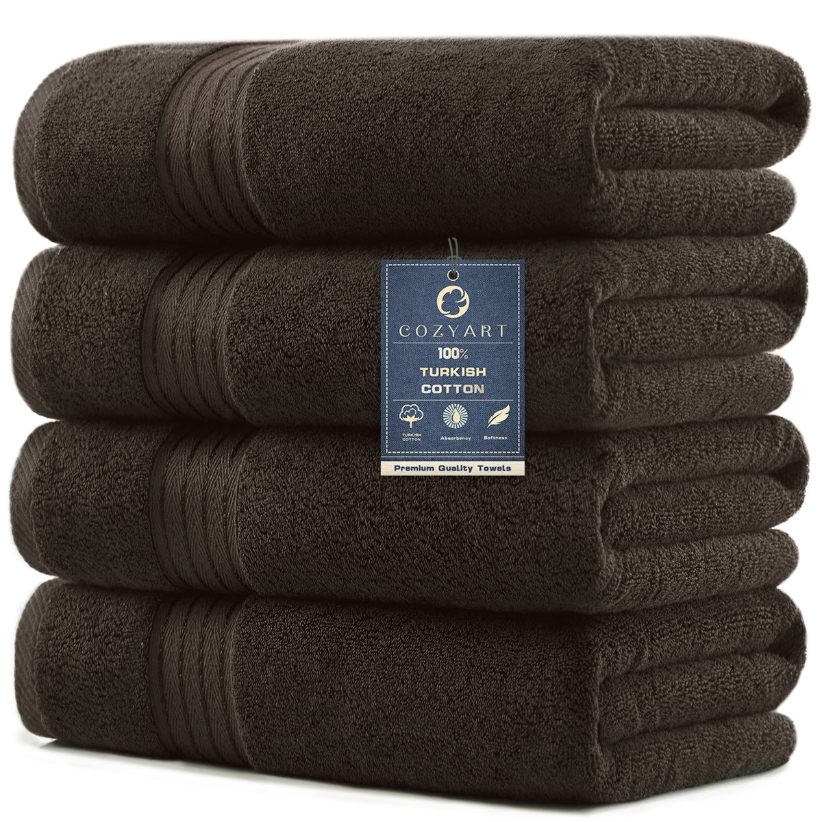 COZYART Luxury Bath Towels 4 PCS, 27x54 650 GSM Turkish Cotton, Brown