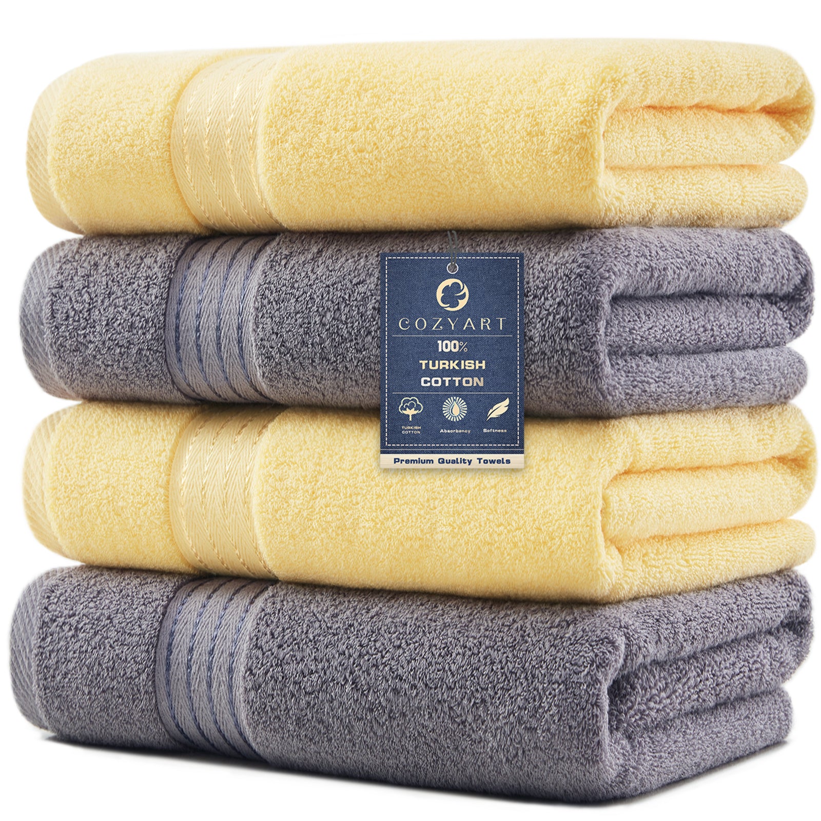4 Piece Luxury Bath Towels  Grey+Yellow