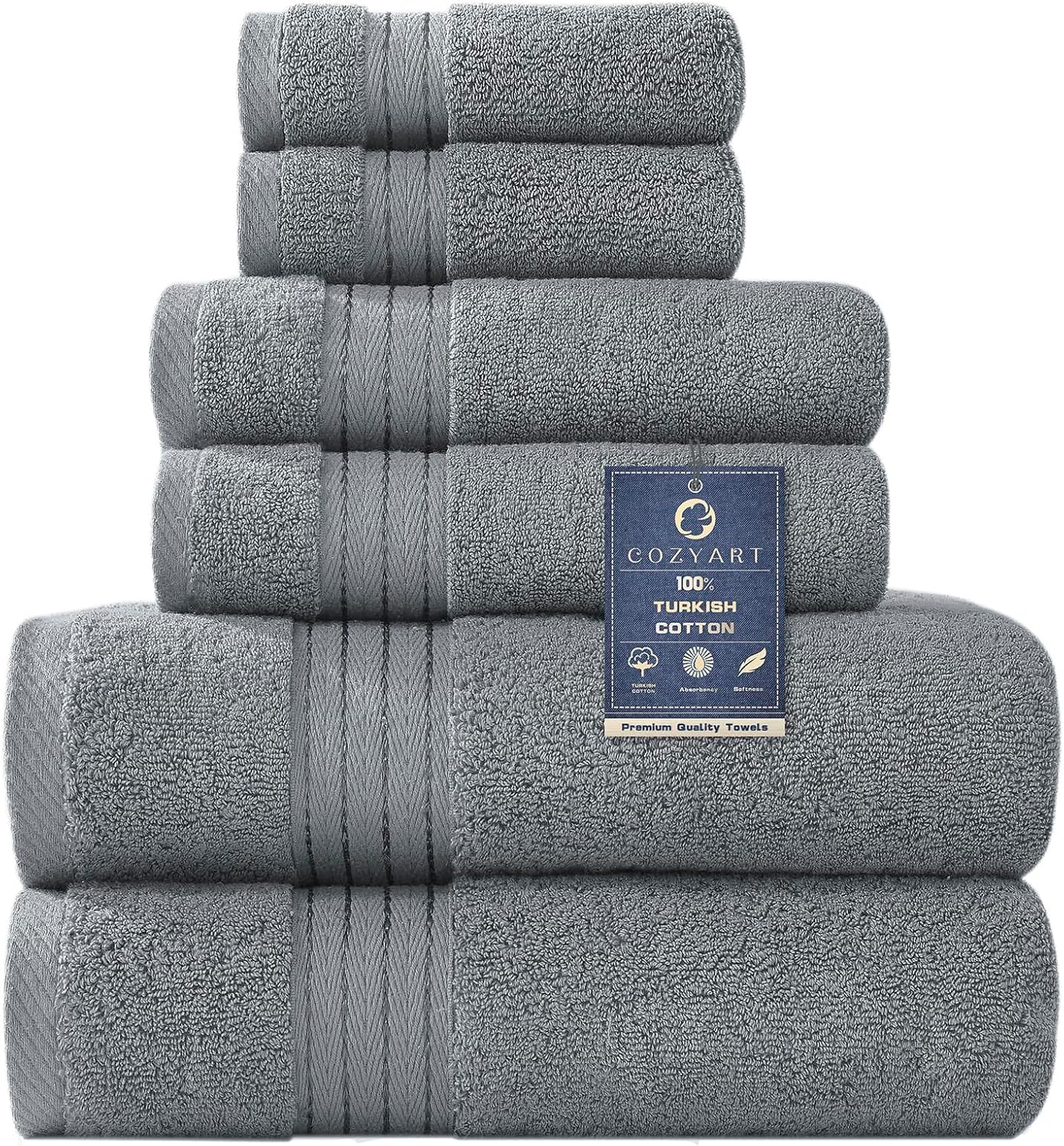 COZYART  Bath Towel Set for Bathroom Turkish Cotton Thick Soft Absorbent Durable 650 GSM Towel Sets of 6, 2 Large Bath Towels, 2 Hand Towels, 2 Washclothes
