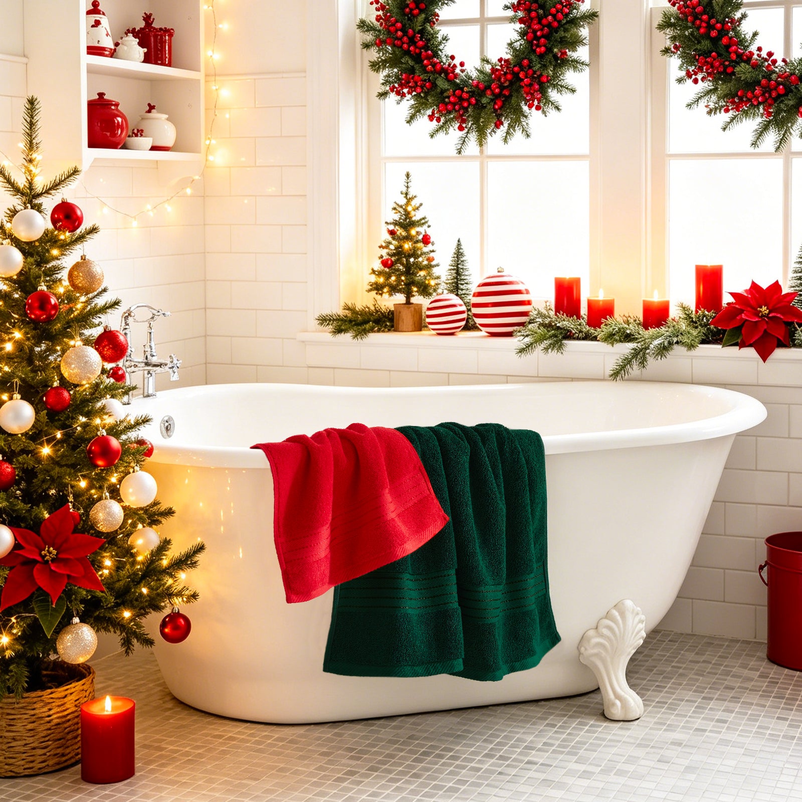 Red+dark Green 4 Piece Luxury Bath Towels