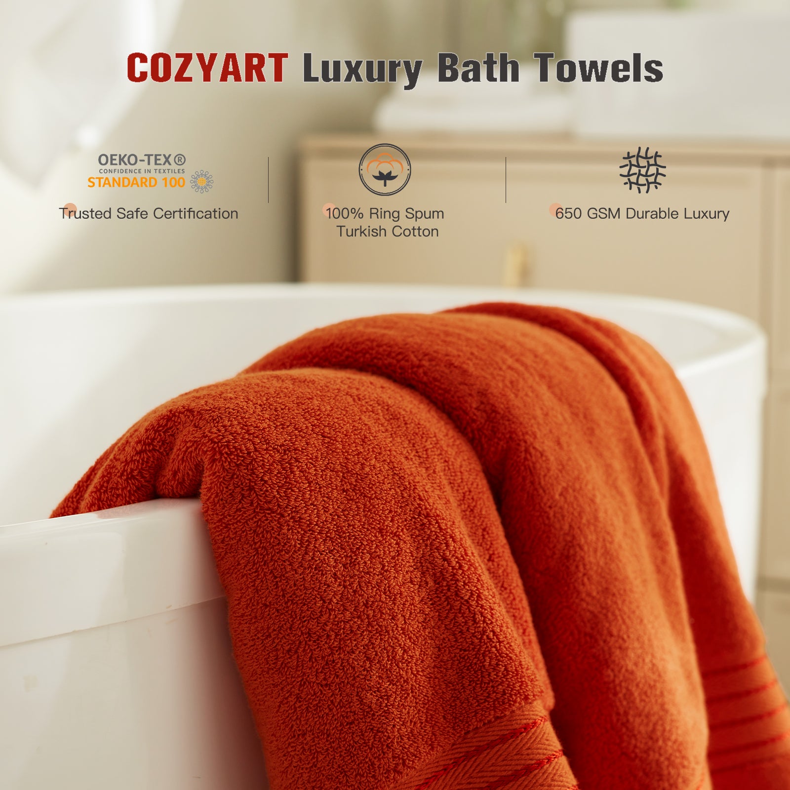 COZYART 4 Piece Luxury Bath Towels, 100% Turkish Cotton 650 GSM, 27x54, Soft Absorbent Quick Dry for Bathroom Hotel Spa