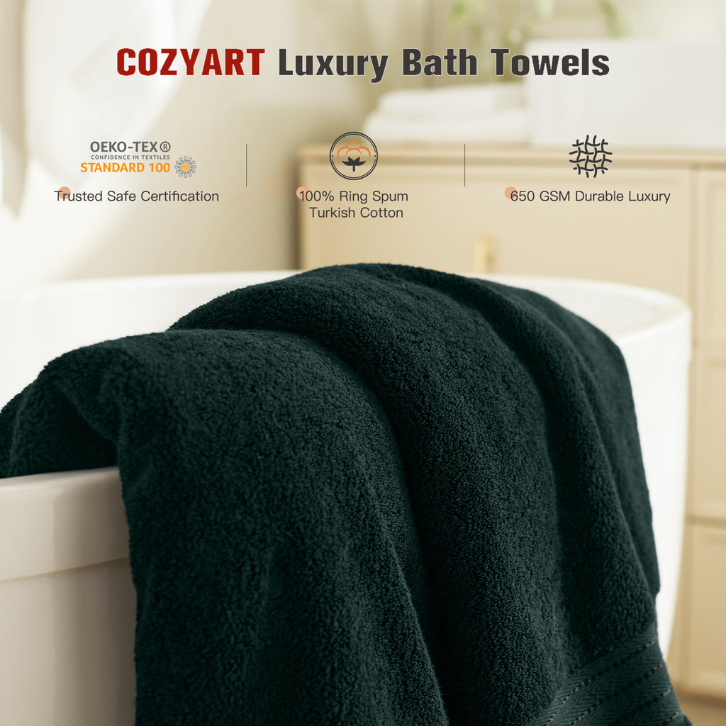 COZYART Luxury Bath Towels 4 PCS, 27x54 650 GSM Turkish Cotton, Deep Forest Green