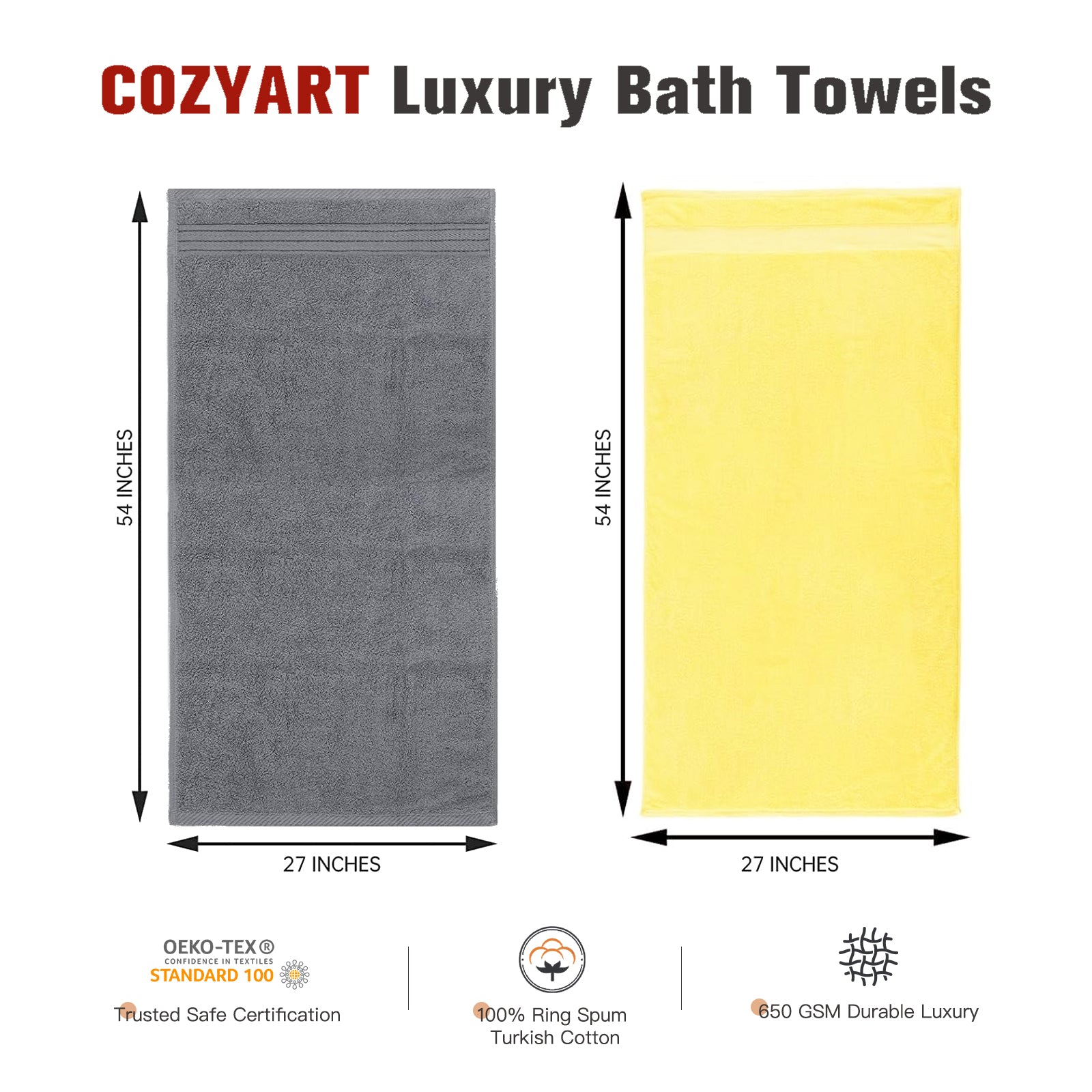 4 Piece Luxury Bath Towels  Grey+Yellow