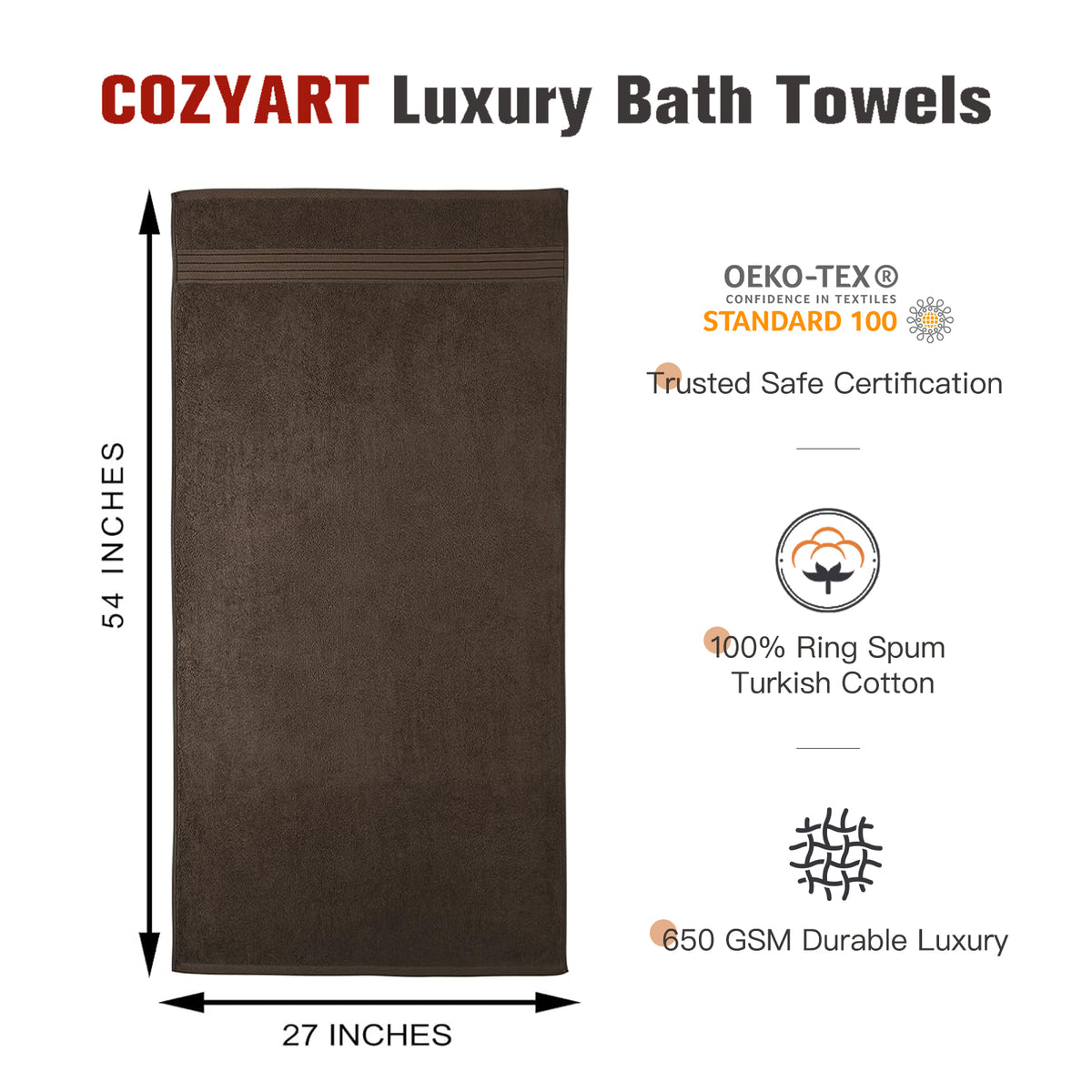 COZYART Luxury Bath Towels 4 PCS, 27x54 650 GSM Turkish Cotton, Brown