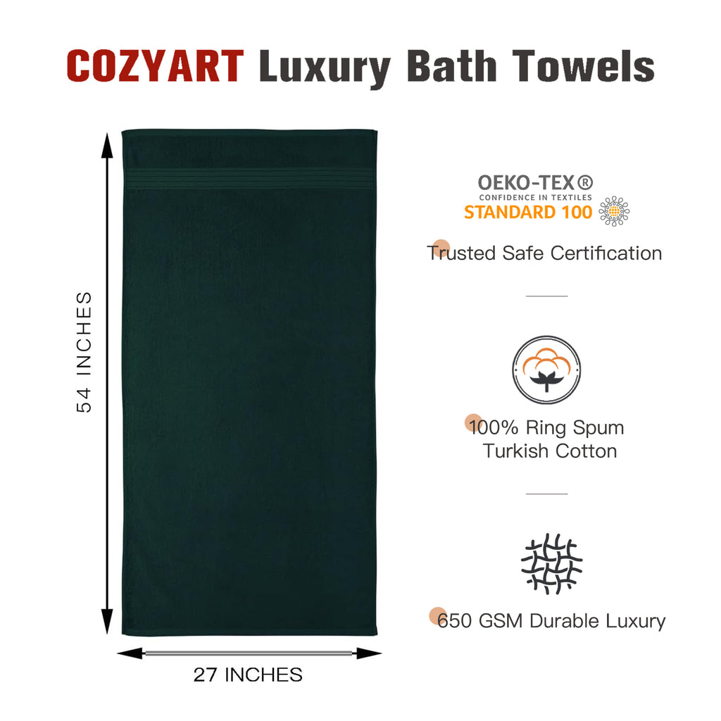 COZYART Luxury Bath Towels 4 PCS, 27x54 650 GSM Turkish Cotton, Deep Forest Green