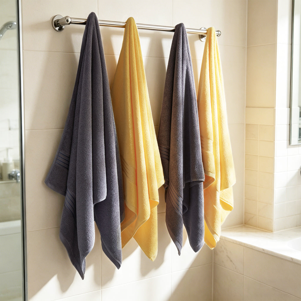 4 Piece Luxury Bath Towels  Grey+Yellow