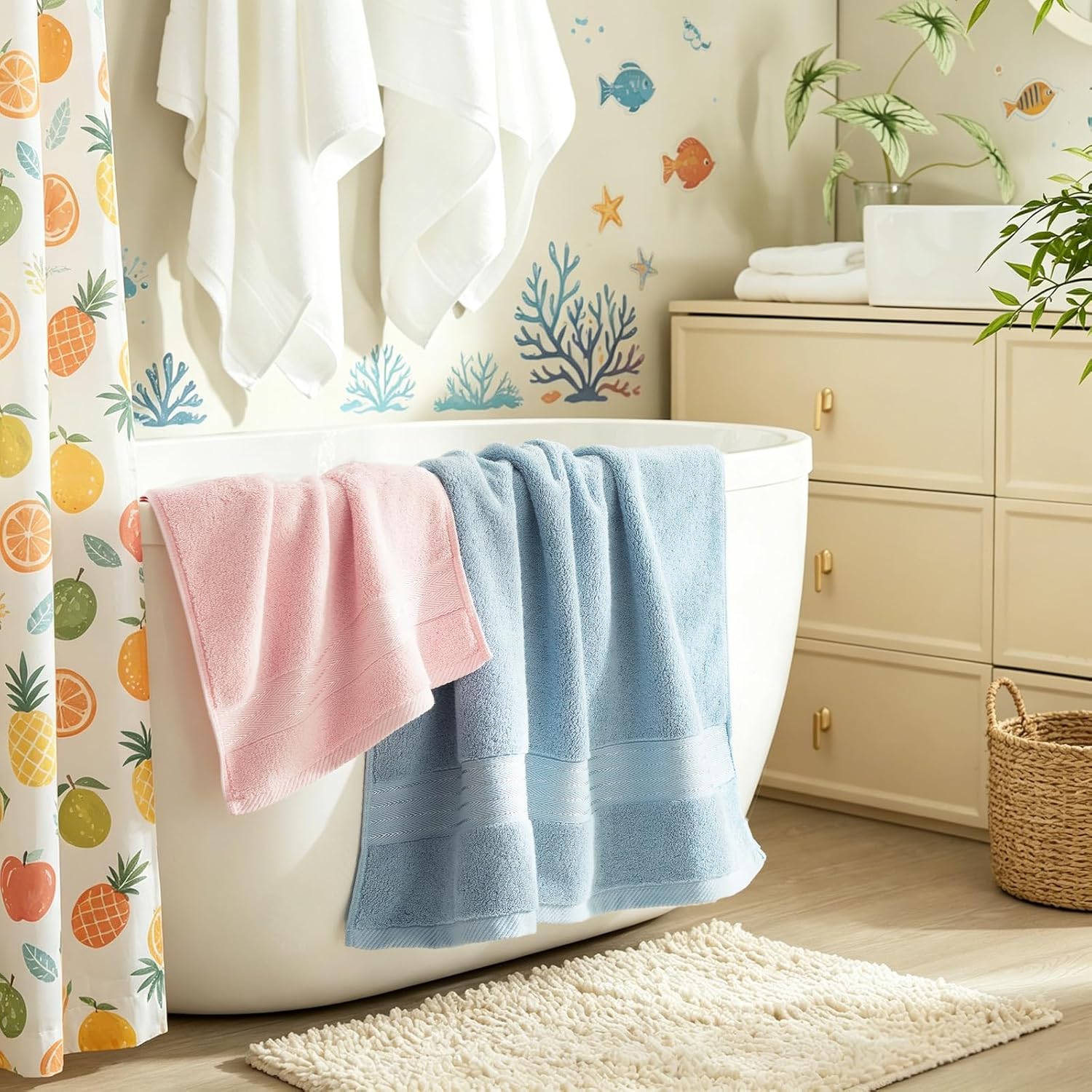 Pink+Light Blue 4 Piece Luxury Bath Towels